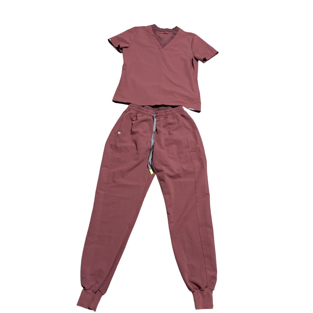 FIGS 2 Tone XS Mauve Pink Technical Collection Scrub Set V-Neck Top Jogger Pants